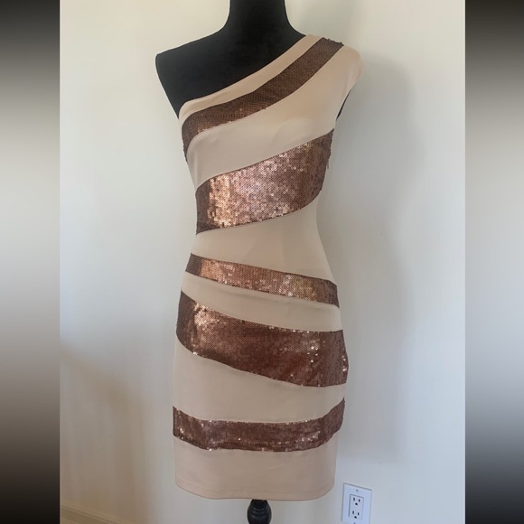ALEXIA ADMOR One Shoulder Beige Sequins Fitted Bodycon Cocktail Party Dress Sz M - Picture 2 of 12
